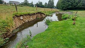 Bachlauf mit weggebrochenem Ufer in einer Wiese, im Hintergrund Bäume und Häuser.