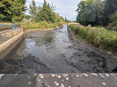 Die Hunte wurde abgelassen. Menschen auf einer Brücke betrachten das.