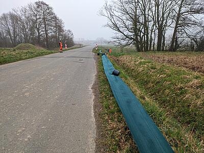 Mitarbeiter des Bauhofes stellen einen Amphibienzaun am Straßengraben auf.